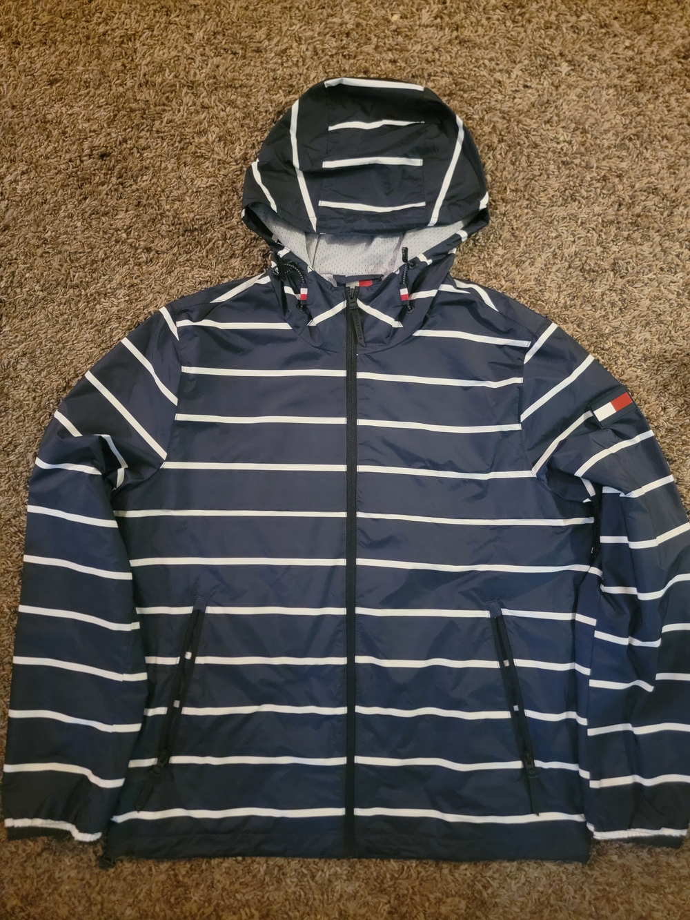 Tommy Hilfiger Rain Jacket Men's Medium Blue Stripe Zip Up Hooded Pockets